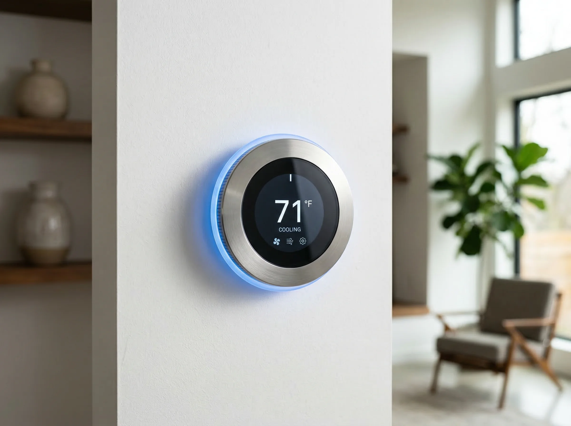 Smart home thermostat with circular OLED display and aluminum bezel