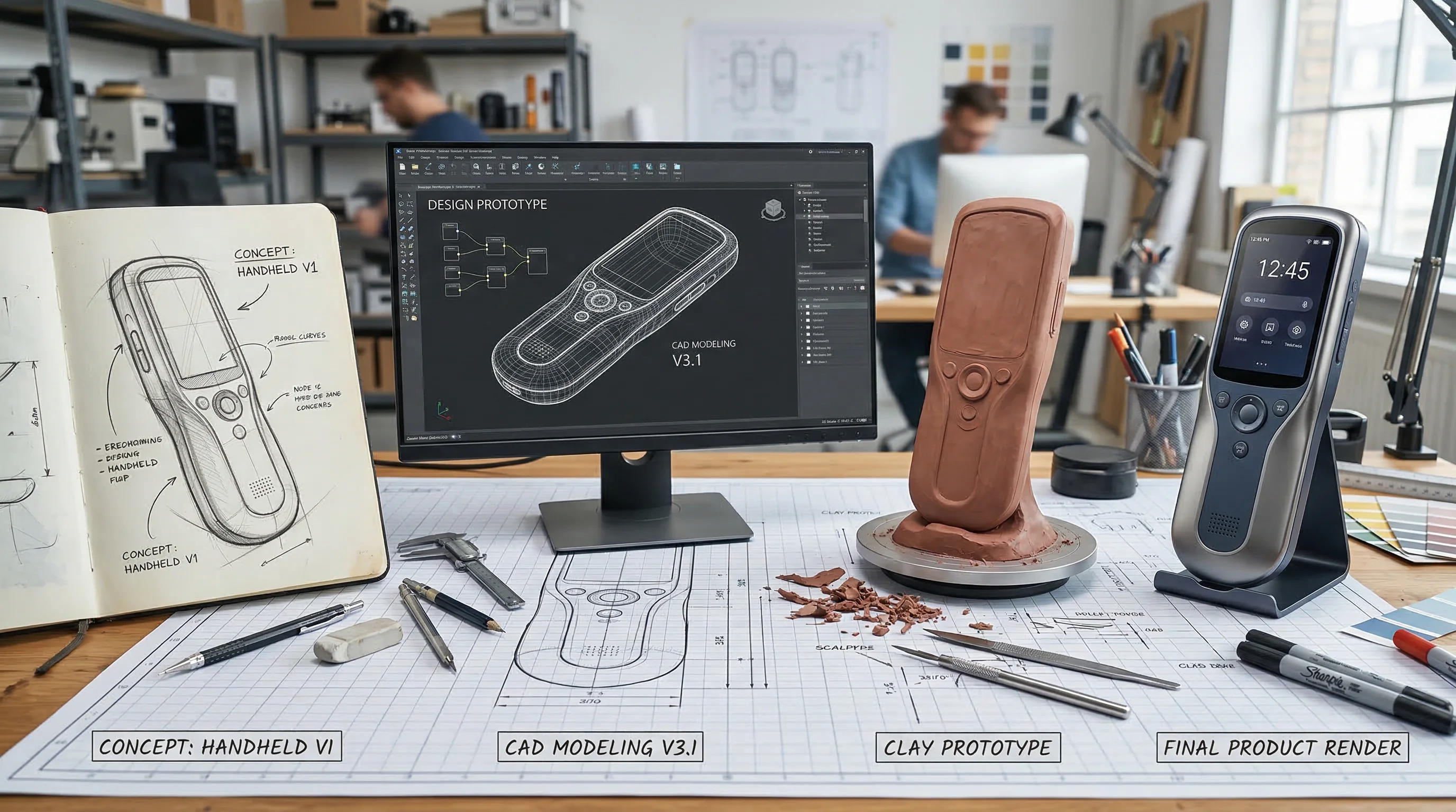 Design process from pencil sketch through CAD modeling to clay prototype and final product