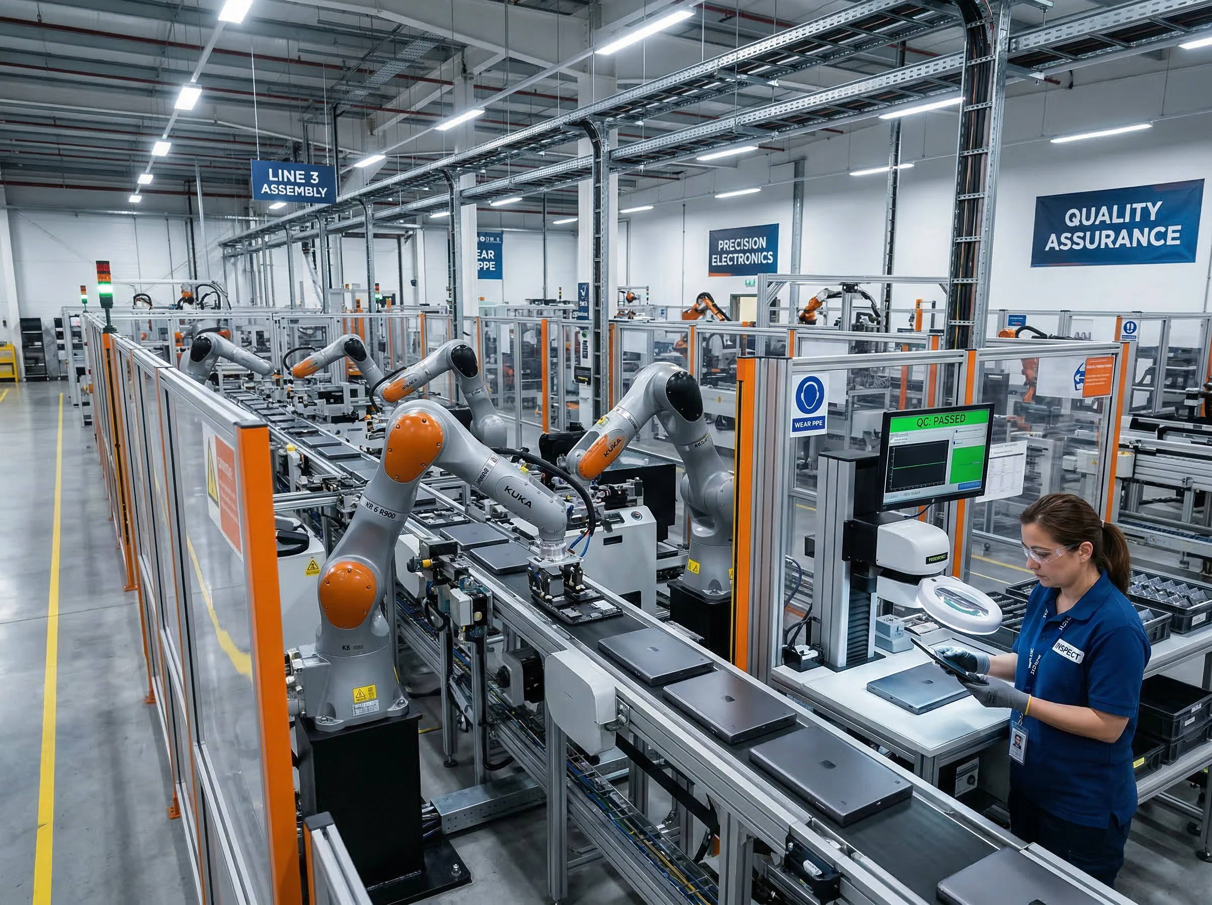Automated manufacturing assembly line with robotic arms and quality assurance inspection